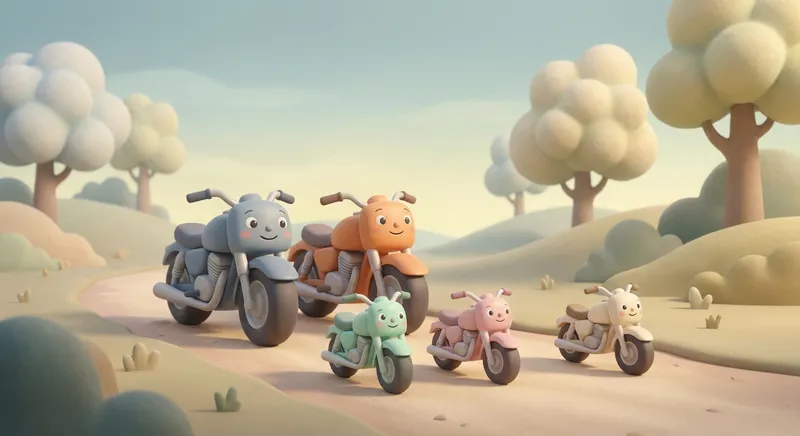 Motorcycles learning scene, Motorcycles journey, cheerful vehicles moving smoothly, gentle pastel illustration designed for ages 3-4, rounded shapes, caring expressions, text-free illustration with clean unmarked background, balanced composition, soft cinematic lighting, harmonious color palette, inviting and joyful mood