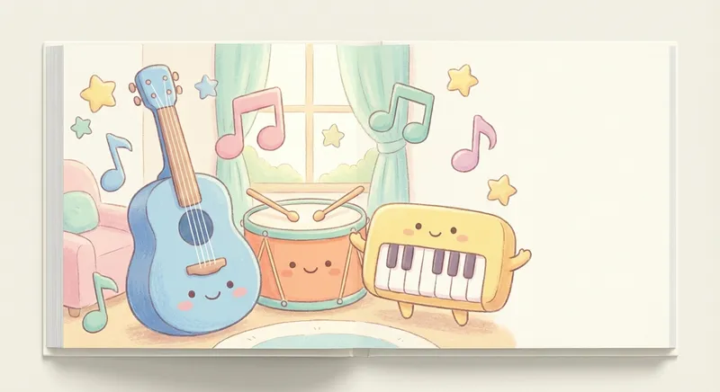 Musical Instruments learning scene, Musical Instruments music jam session, cheerful instruments and rhythm, gentle pastel illustration designed for ages 3-4, rounded shapes, caring expressions, text-free illustration with clean unmarked background, balanced composition, soft cinematic lighting, harmonious color palette, inviting and joyful mood