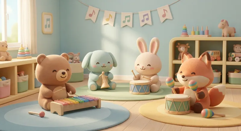 Musical Toys Are Fun learning scene, Musical Toys Are Fun learning scene filled with curiosity and joy, gentle pastel illustration designed for ages 3-4, rounded shapes, caring expressions, text-free illustration with clean unmarked background, balanced composition, soft cinematic lighting, harmonious color palette, inviting and joyful mood