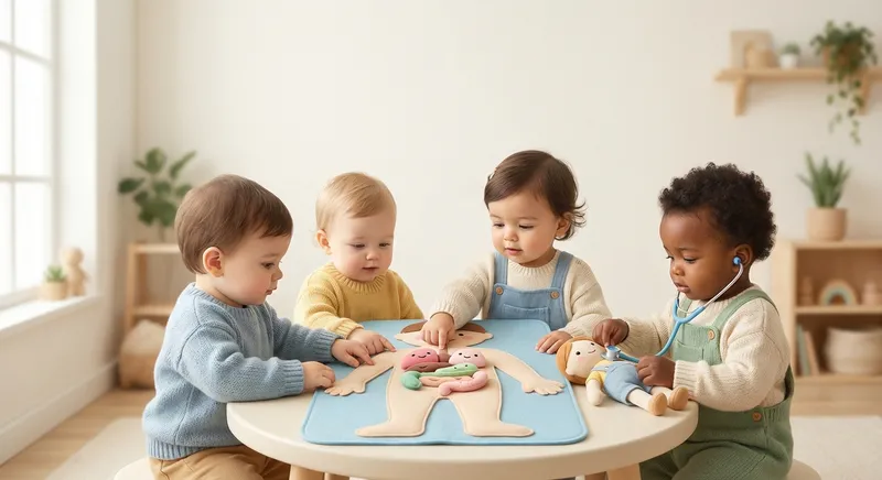 My Body learning scene, My Body experiment underway, curious kids collaborating, gentle pastel illustration designed for ages 3-4, rounded shapes, caring expressions, text-free illustration with clean unmarked background, balanced composition, soft cinematic lighting, harmonious color palette, inviting and joyful mood