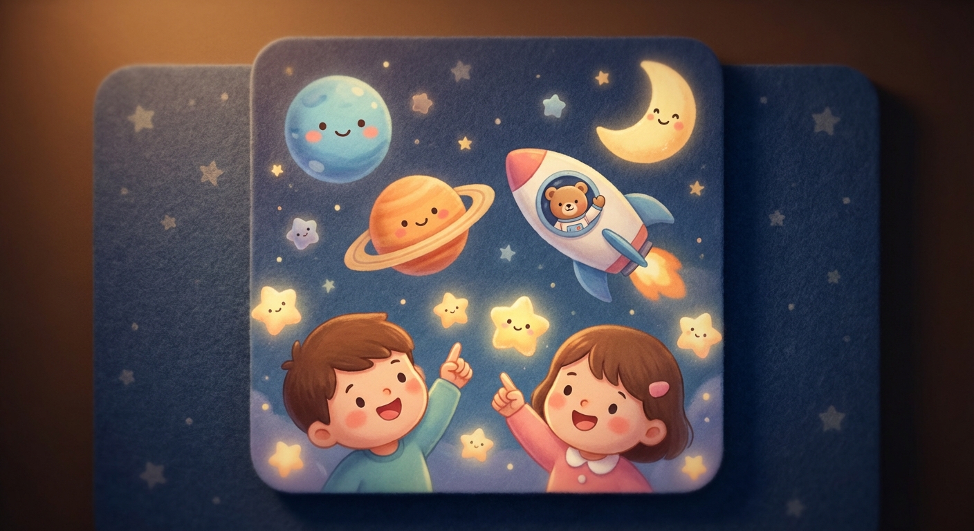 Night Sky Fun learning scene, Night Sky Fun space adventure, stars and planets inspiring wonder, gentle pastel illustration designed for ages 3-4, rounded shapes, caring expressions, text-free illustration with clean unmarked background, balanced composition, soft cinematic lighting, harmonious color palette, inviting and joyful mood