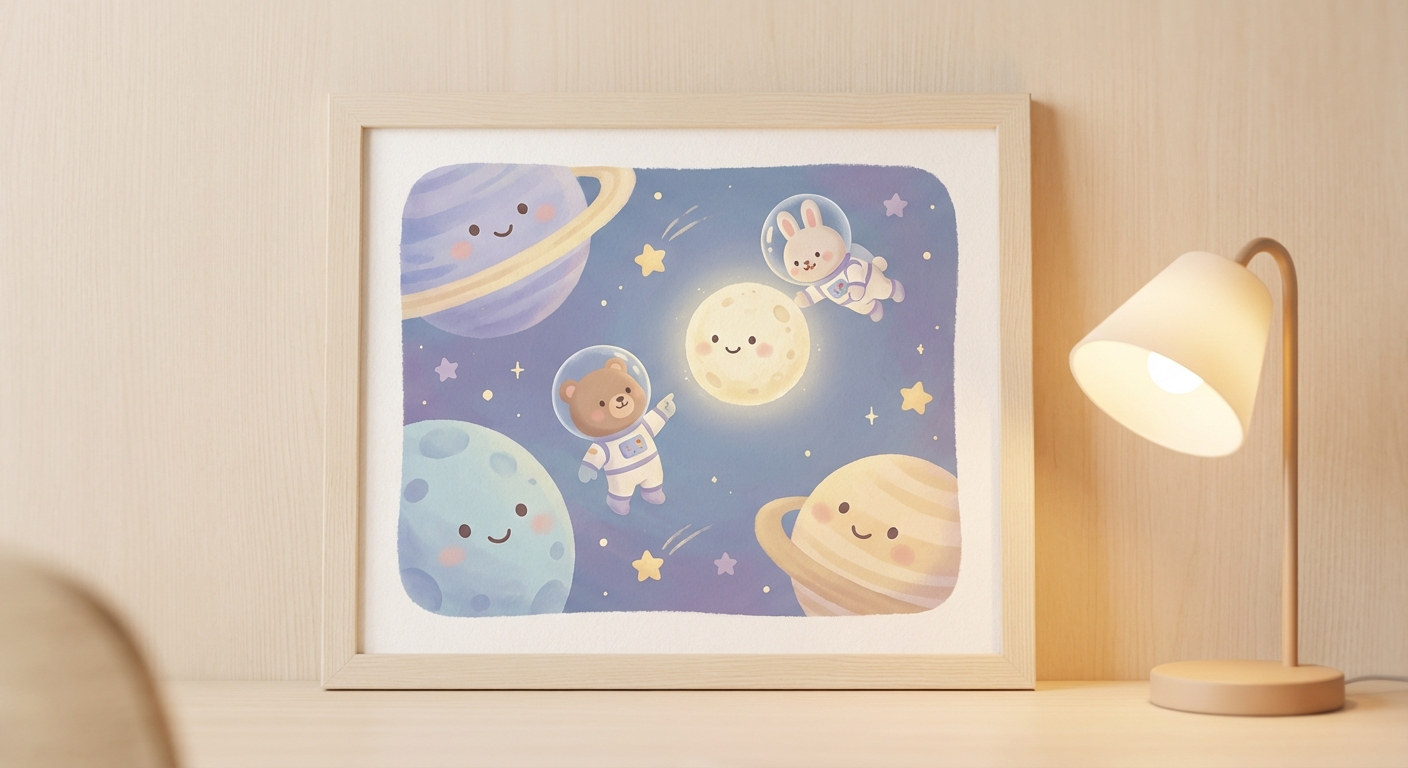 Night Time in Space learning scene, Night Time in Space space adventure, stars and planets inspiring wonder, gentle pastel illustration designed for ages 3-4, rounded shapes, caring expressions, text-free illustration with clean unmarked background, balanced composition, soft cinematic lighting, harmonious color palette, inviting and joyful mood