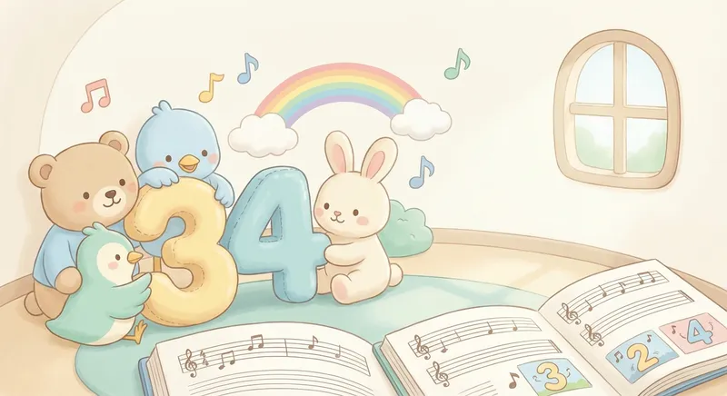Number Songs learning scene, Number Songs learning scene filled with curiosity and joy, gentle pastel illustration designed for ages 3-4, rounded shapes, caring expressions, text-free illustration with clean unmarked background, balanced composition, soft cinematic lighting, harmonious color palette, inviting and joyful mood