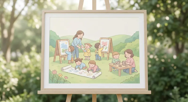 Outdoor Art Fun learning scene, Outdoor Art Fun art activity, colorful studio energy and creativity, gentle pastel illustration designed for ages 3-4, rounded shapes, caring expressions, text-free illustration with clean unmarked background, balanced composition, soft cinematic lighting, harmonious color palette, inviting and joyful mood