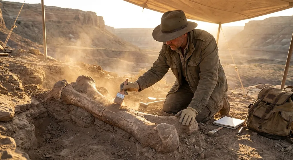 Paleontologist carefully brushing dirt from a large fossil bone