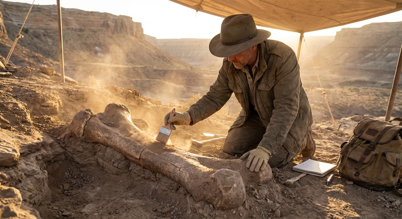 Paleontologist carefully brushing dirt from a large fossil bone