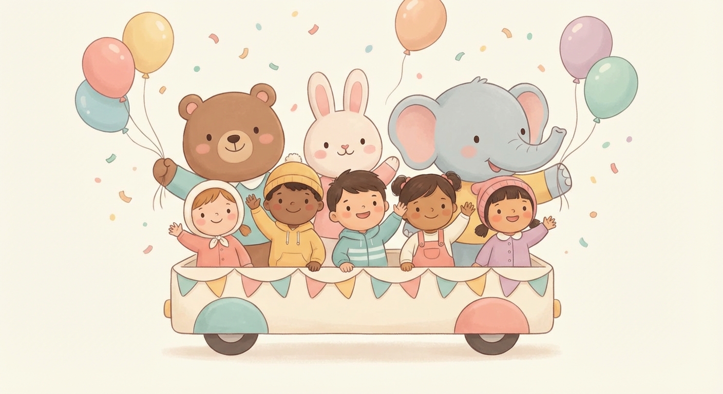 Parade Party learning scene, Parade Party celebration scene, balloons and confetti floating, gentle pastel illustration designed for ages 3-4, rounded shapes, caring expressions, text-free illustration with clean unmarked background, balanced composition, soft cinematic lighting, harmonious color palette, inviting and joyful mood