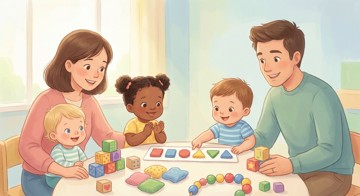 Patterns learning scene, Patterns learning scene filled with curiosity and joy, gentle pastel illustration designed for ages 3-4, rounded shapes, caring expressions, text-free illustration with clean unmarked background, balanced composition, soft cinematic lighting, harmonious color palette, inviting and joyful mood