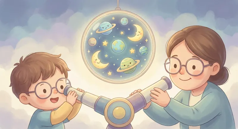 Peek Through the Telescope learning scene, Peek Through the Telescope space adventure, stars and planets inspiring wonder, gentle pastel illustration designed for ages 3-4, rounded shapes, caring expressions, text-free illustration with clean unmarked background, balanced composition, soft cinematic lighting, harmonious color palette, inviting and joyful mood