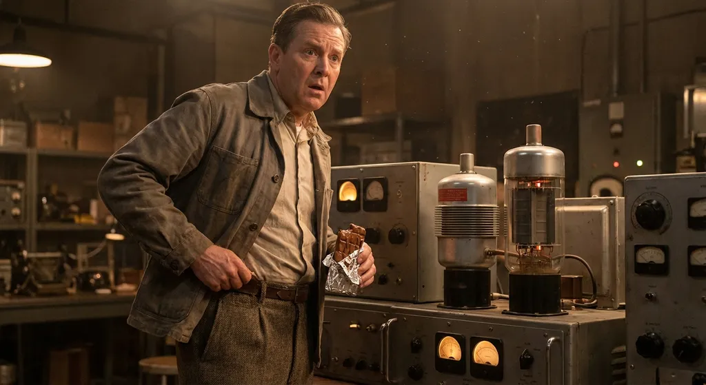 Percy Spencer looking surprised at a melted chocolate bar in his pocket near radar equipment