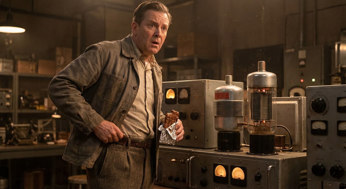 Percy Spencer looking surprised at a melted chocolate bar in his pocket near radar equipment