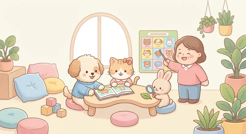 Pets at Home learning scene, Pets at Home learning scene filled with curiosity and joy, gentle pastel illustration designed for ages 3-4, rounded shapes, caring expressions, text-free illustration with clean unmarked background, balanced composition, soft cinematic lighting, harmonious color palette, inviting and joyful mood