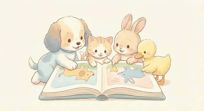 Pets learning scene, Pets animals discovering together, joyful storybook moment, gentle pastel illustration designed for ages 3-4, rounded shapes, caring expressions, text-free illustration with clean unmarked background, balanced composition, soft cinematic lighting, harmonious color palette, inviting and joyful mood