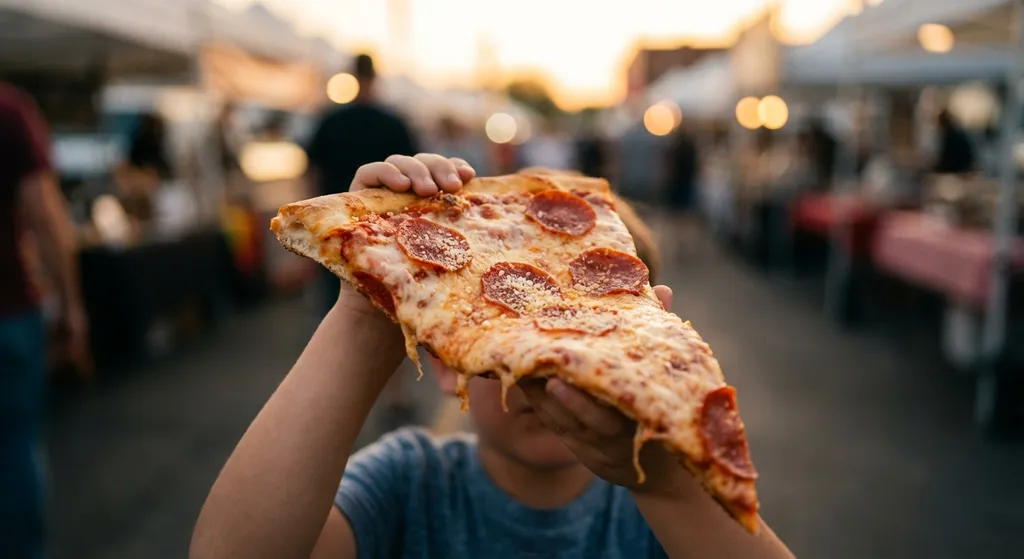 Pizza slice being held up by a child