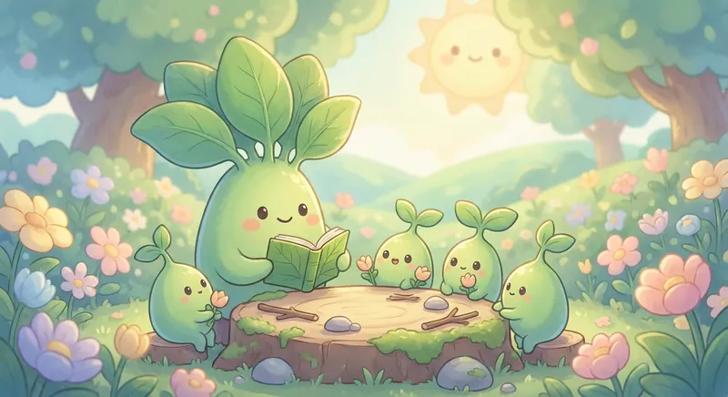 Plants learning scene, Plants scene in vibrant nature, lush and lively surroundings, gentle pastel illustration designed for ages 3-4, rounded shapes, caring expressions, text-free illustration with clean unmarked background, balanced composition, soft cinematic lighting, harmonious color palette, inviting and joyful mood