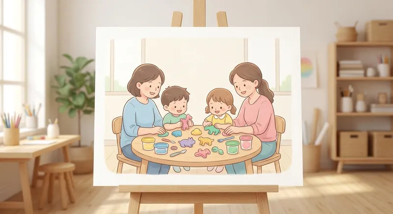 Play dough Fun learning scene, Play dough Fun art activity, colorful studio energy and creativity, gentle pastel illustration designed for ages 3-4, rounded shapes, caring expressions, text-free illustration with clean unmarked background, balanced composition, soft cinematic lighting, harmonious color palette, inviting and joyful mood