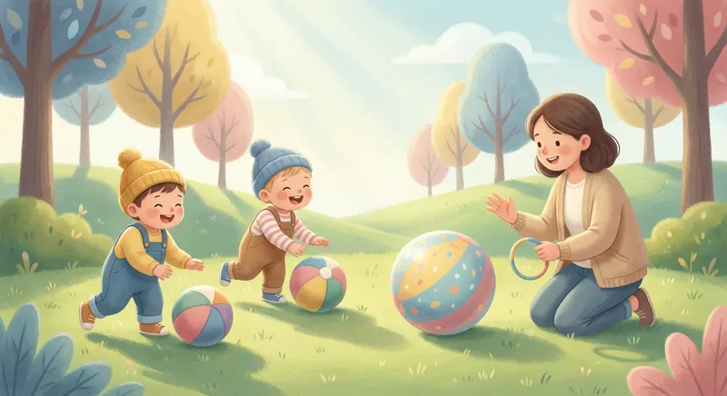 Play Outside with Ball Games learning scene, Play Outside with Ball Games learning scene filled with curiosity and joy, gentle pastel illustration designed for ages 3-4, rounded shapes, caring expressions, text-free illustration with clean unmarked background, balanced composition, soft cinematic lighting, harmonious color palette, inviting and joyful mood