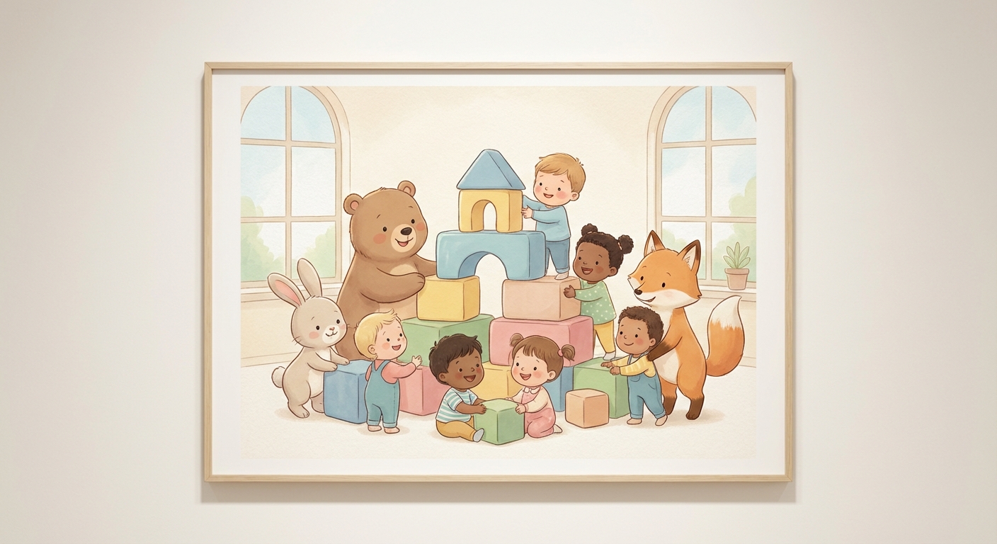 Play with Blocks learning scene, Play with Blocks learning scene filled with curiosity and joy, gentle pastel illustration designed for ages 3-4, rounded shapes, caring expressions, text-free illustration with clean unmarked background, balanced composition, soft cinematic lighting, harmonious color palette, inviting and joyful mood
