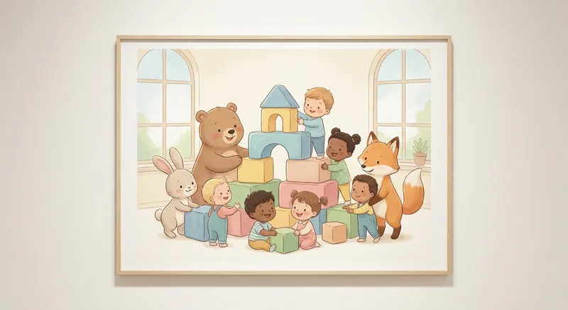 Play with Blocks learning scene, Play with Blocks learning scene filled with curiosity and joy, gentle pastel illustration designed for ages 3-4, rounded shapes, caring expressions, text-free illustration with clean unmarked background, balanced composition, soft cinematic lighting, harmonious color palette, inviting and joyful mood