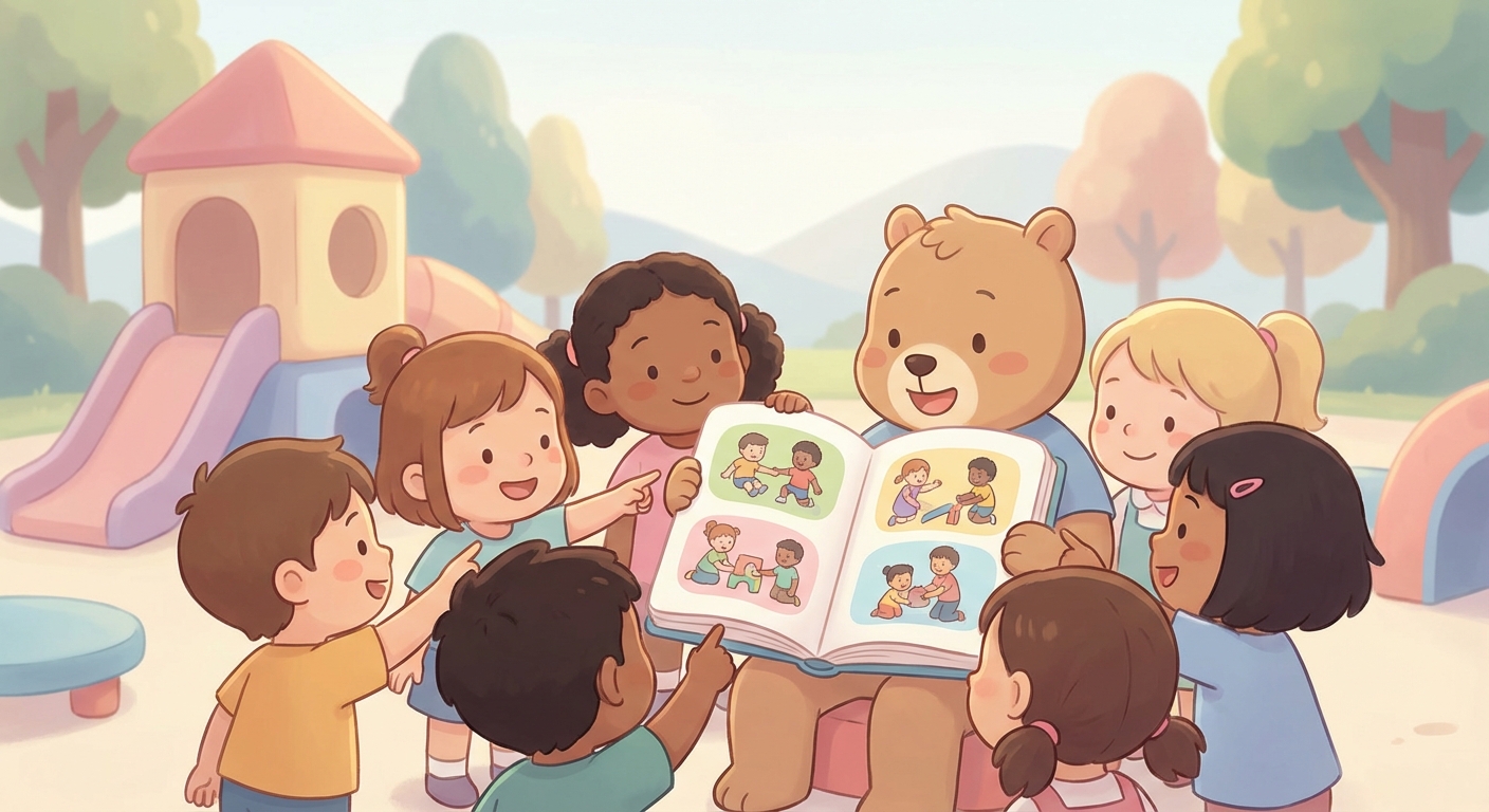 Playground Rules learning scene, Playground Rules learning scene filled with curiosity and joy, gentle pastel illustration designed for ages 3-4, rounded shapes, caring expressions, text-free illustration with clean unmarked background, balanced composition, soft cinematic lighting, harmonious color palette, inviting and joyful mood