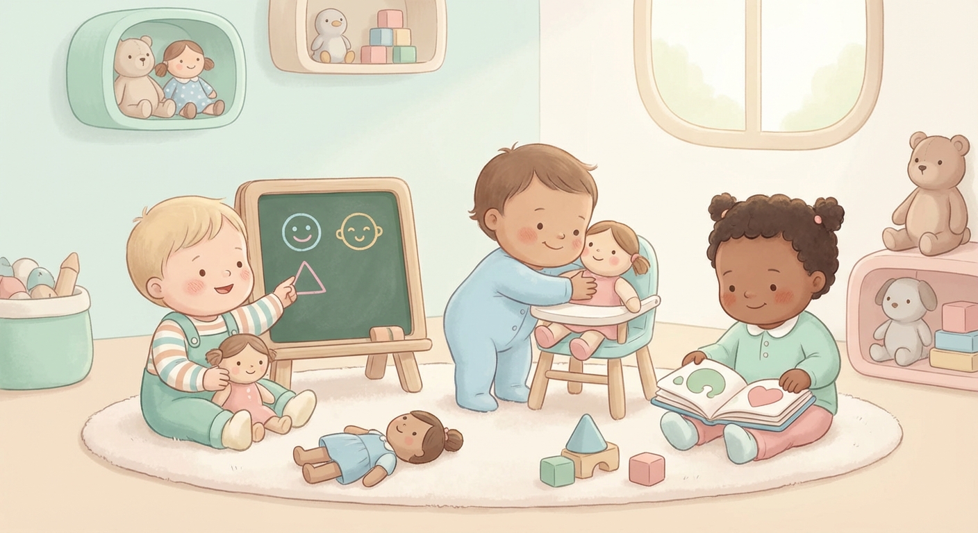 Playtime with Dolls learning scene, Playtime with Dolls learning scene filled with curiosity and joy, gentle pastel illustration designed for ages 3-4, rounded shapes, caring expressions, text-free illustration with clean unmarked background, balanced composition, soft cinematic lighting, harmonious color palette, inviting and joyful mood