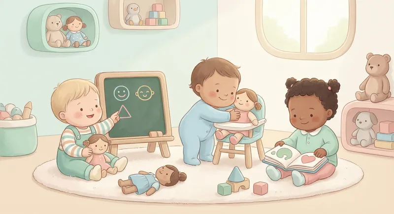 Playtime with Dolls learning scene, Playtime with Dolls learning scene filled with curiosity and joy, gentle pastel illustration designed for ages 3-4, rounded shapes, caring expressions, text-free illustration with clean unmarked background, balanced composition, soft cinematic lighting, harmonious color palette, inviting and joyful mood