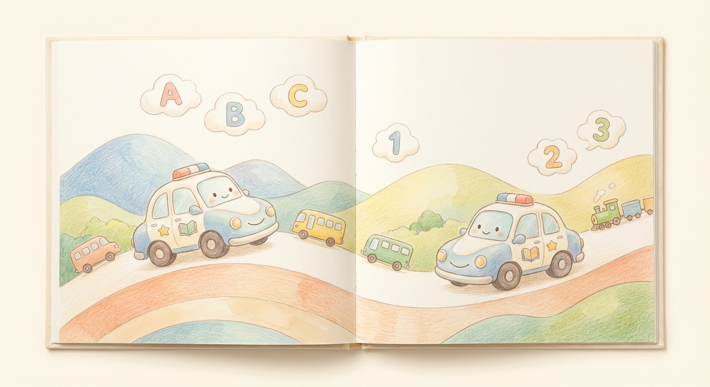 Police Cars Zoom learning scene, Police Cars Zoom journey, cheerful vehicles moving smoothly, gentle pastel illustration designed for ages 3-4, rounded shapes, caring expressions, text-free illustration with clean unmarked background, balanced composition, soft cinematic lighting, harmonious color palette, inviting and joyful mood