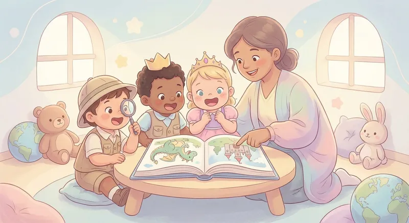 Princess Stories for Little Explorers learning scene, Princess Stories for Little Explorers learning scene filled with curiosity and joy, gentle pastel illustration designed for ages 3-4, rounded shapes, caring expressions, text-free illustration with clean unmarked background, balanced composition, soft cinematic lighting, harmonious color palette, inviting and joyful mood