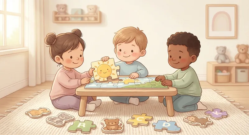 Puzzle Playtime learning scene, Puzzle Playtime learning scene filled with curiosity and joy, gentle pastel illustration designed for ages 3-4, rounded shapes, caring expressions, text-free illustration with clean unmarked background, balanced composition, soft cinematic lighting, harmonious color palette, inviting and joyful mood