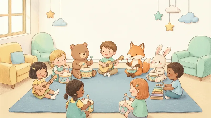 Quiet Time Music learning scene, Quiet Time Music music jam session, cheerful instruments and rhythm, gentle pastel illustration designed for ages 3-4, rounded shapes, caring expressions, text-free illustration with clean unmarked background, balanced composition, soft cinematic lighting, harmonious color palette, inviting and joyful mood