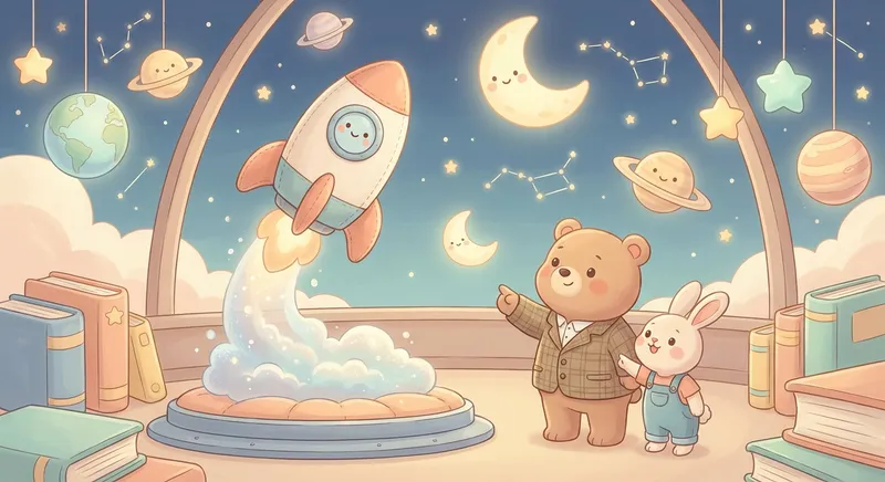 Rocket Launch learning scene, Rocket Launch space adventure, stars and planets inspiring wonder, gentle pastel illustration designed for ages 3-4, rounded shapes, caring expressions, text-free illustration with clean unmarked background, balanced composition, soft cinematic lighting, harmonious color palette, inviting and joyful mood