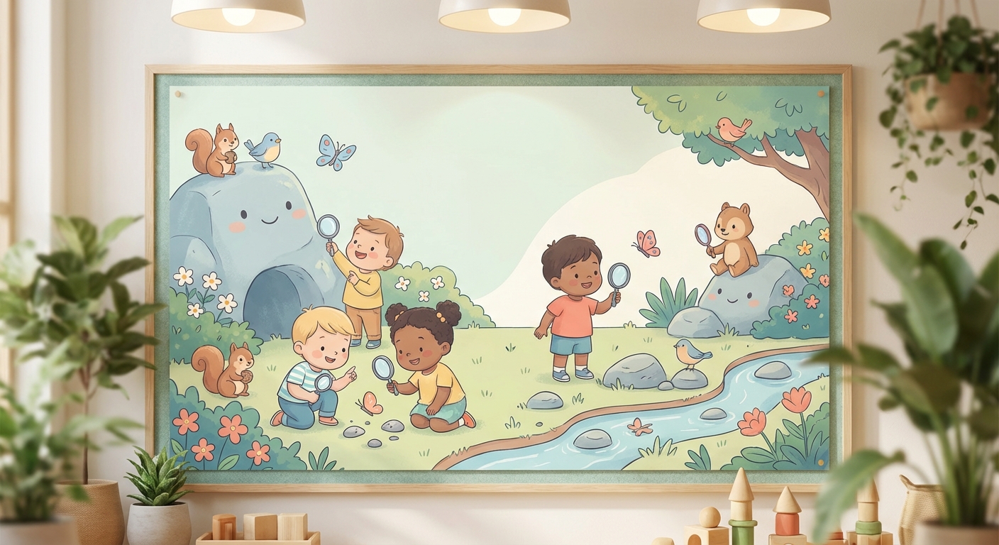 Rocky Fun in Nature learning scene, Rocky Fun in Nature scene in vibrant nature, lush and lively surroundings, gentle pastel illustration designed for ages 3-4, rounded shapes, caring expressions, text-free illustration with clean unmarked background, balanced composition, soft cinematic lighting, harmonious color palette, inviting and joyful mood