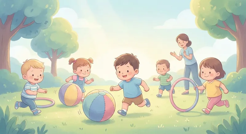 Running Games Outside learning scene, Running Games Outside learning scene filled with curiosity and joy, gentle pastel illustration designed for ages 3-4, rounded shapes, caring expressions, text-free illustration with clean unmarked background, balanced composition, soft cinematic lighting, harmonious color palette, inviting and joyful mood