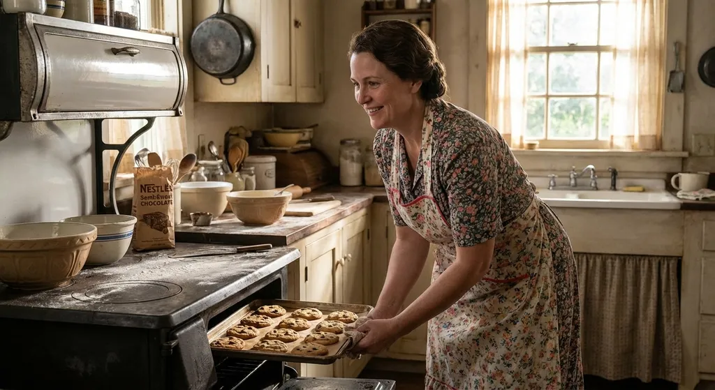 Ruth Wakefield baking cookies in her kitchen