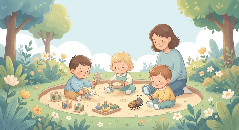 Sandy Playtime learning scene, Sandy Playtime scene in vibrant nature, lush and lively surroundings, gentle pastel illustration designed for ages 3-4, rounded shapes, caring expressions, text-free illustration with clean unmarked background, balanced composition, soft cinematic lighting, harmonious color palette, inviting and joyful mood