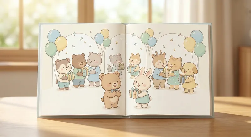 Say thank You at a Celebration learning scene, Say thank You at a Celebration celebration scene, balloons and confetti floating, gentle pastel illustration designed for ages 3-4, rounded shapes, caring expressions, text-free illustration with clean unmarked background, balanced composition, soft cinematic lighting, harmonious color palette, inviting and joyful mood