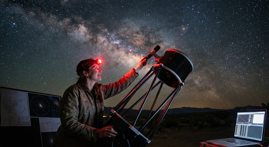 scientist pointing telescope at night sky