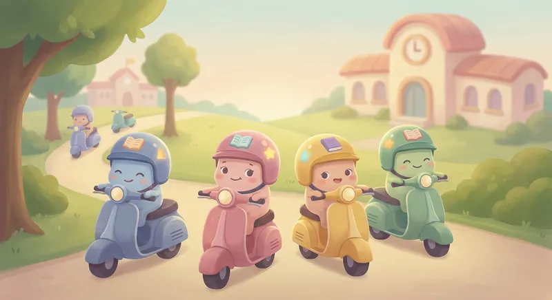 Scooters Zoom learning scene, Scooters Zoom journey, cheerful vehicles moving smoothly, gentle pastel illustration designed for ages 3-4, rounded shapes, caring expressions, text-free illustration with clean unmarked background, balanced composition, soft cinematic lighting, harmonious color palette, inviting and joyful mood