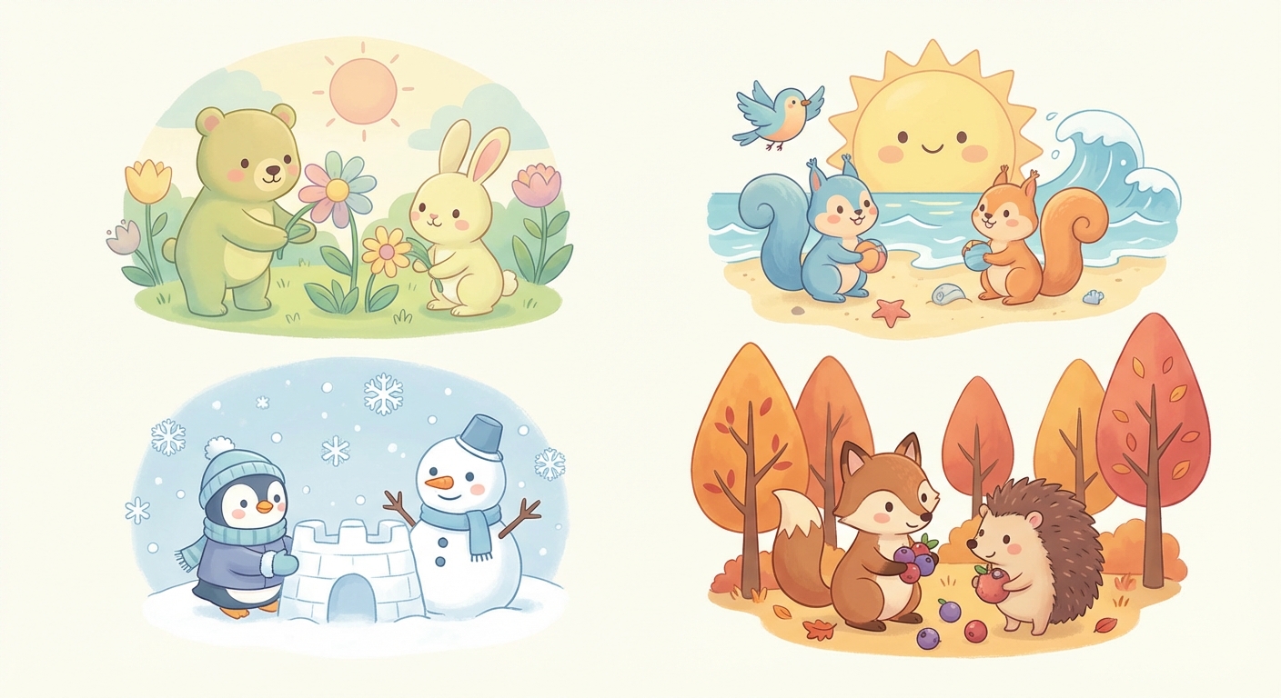 Seasons Fun learning scene, Seasons Fun scene in vibrant nature, lush and lively surroundings, gentle pastel illustration designed for ages 3-4, rounded shapes, caring expressions, text-free illustration with clean unmarked background, balanced composition, soft cinematic lighting, harmonious color palette, inviting and joyful mood