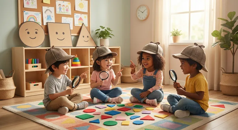 Shape Detectives Assemble! learning scene, Shape Detectives Assemble! learning scene filled with curiosity and joy, illustration for ages 3-4, text-free illustration with clean background, balanced composition, soft cinematic lighting, harmonious color palette