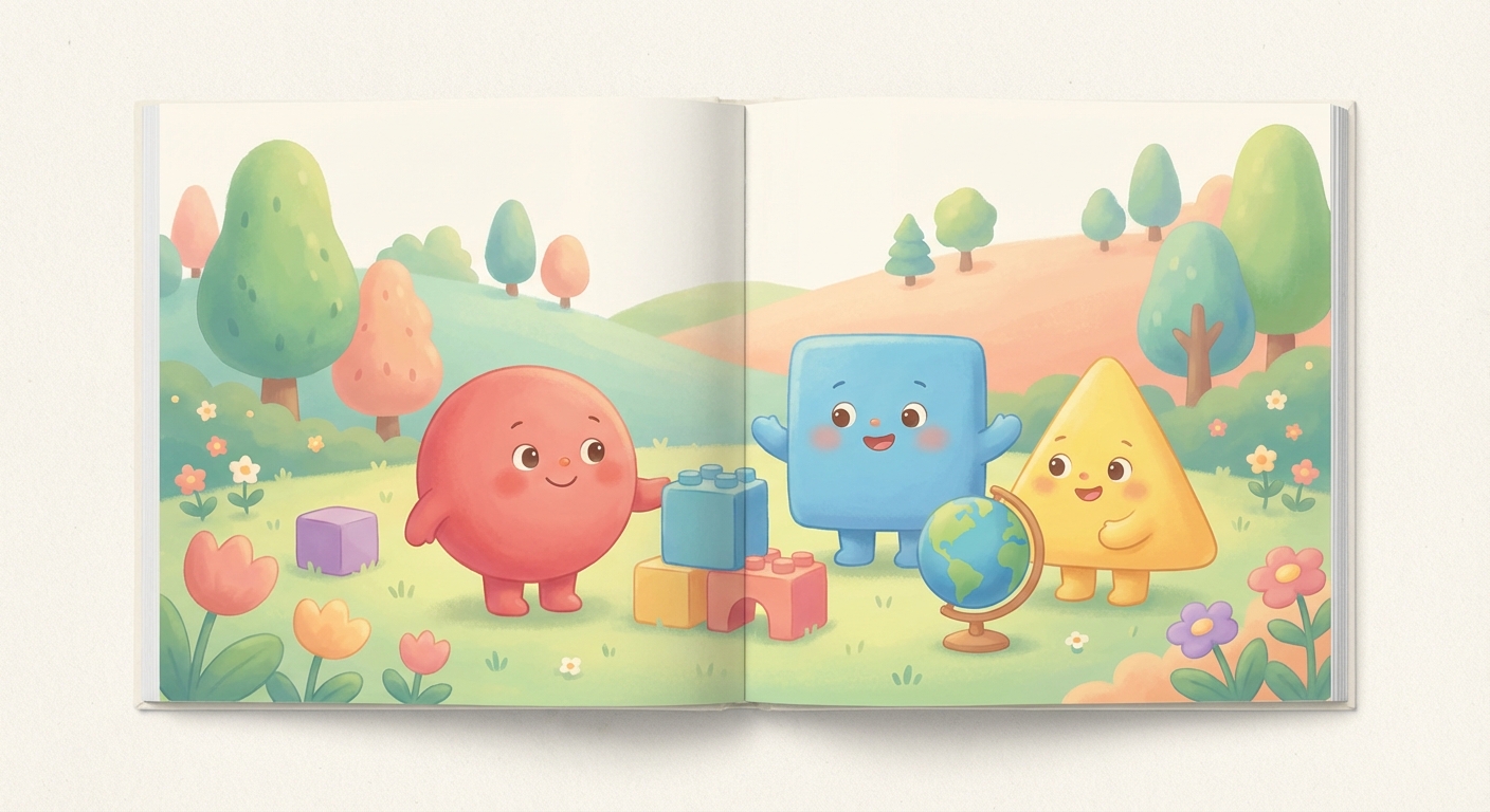 Shape Stories Fun Adventures with Circle Square and Triangle learning scene, Shape Stories Fun Adventures with Circle Square and Triangle learning scene filled with curiosity and joy, gentle pastel illustration designed for ages 3-4, rounded shapes, caring expressions, text-free illustration with clean unmarked background, balanced composition, soft cinematic lighting, harmonious color palette, inviting and joyful mood