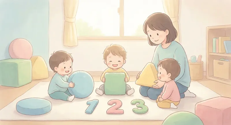 Shapes and Numbers learning scene, Shapes and Numbers learning scene filled with curiosity and joy, gentle pastel illustration designed for ages 3-4, rounded shapes, caring expressions, text-free illustration with clean unmarked background, balanced composition, soft cinematic lighting, harmonious color palette, inviting and joyful mood