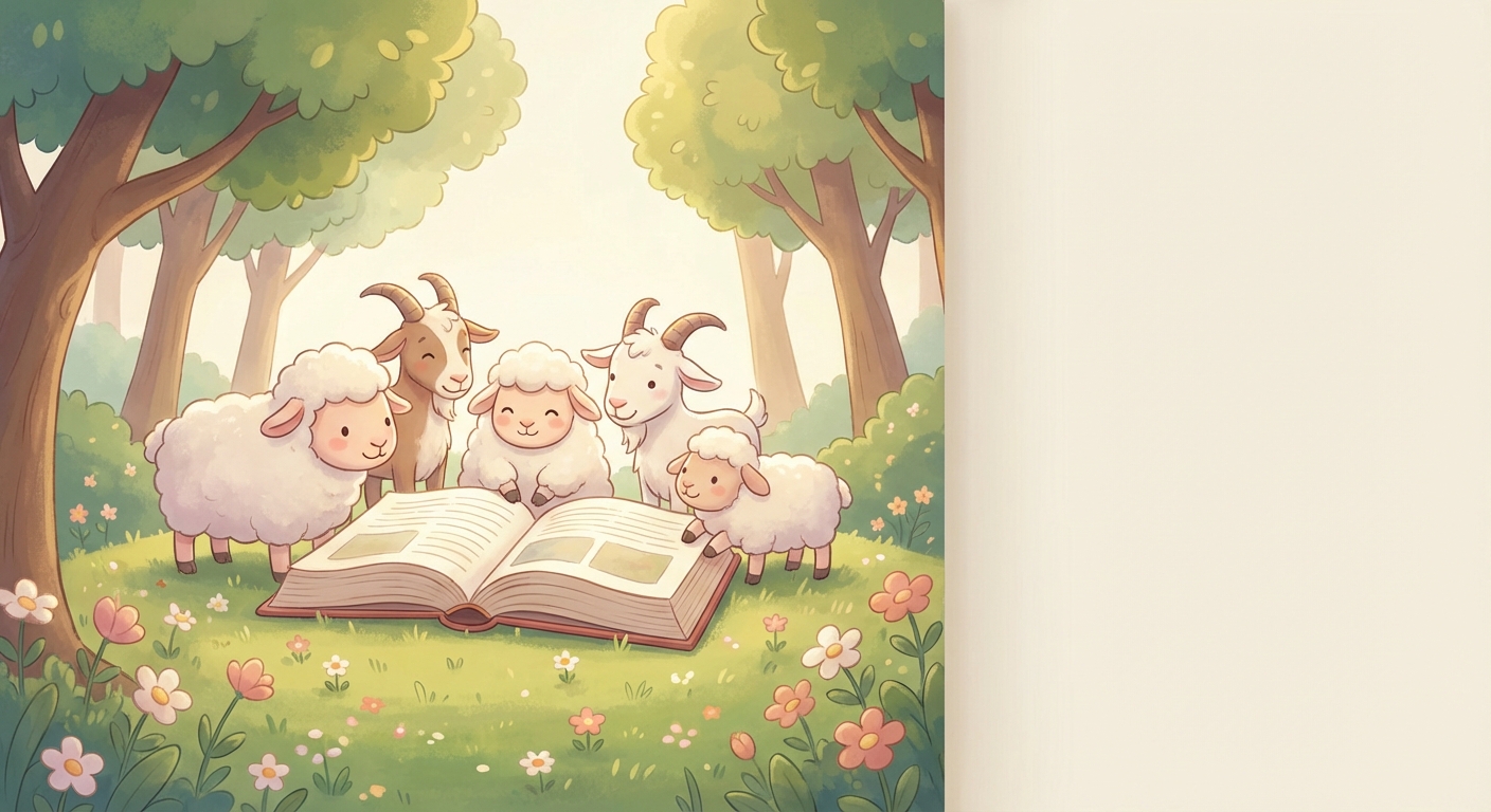 Sheep and Goats learning scene, Sheep and Goats animals discovering together, joyful storybook moment, gentle pastel illustration designed for ages 3-4, rounded shapes, caring expressions, text-free illustration with clean unmarked background, balanced composition, soft cinematic lighting, harmonious color palette, inviting and joyful mood