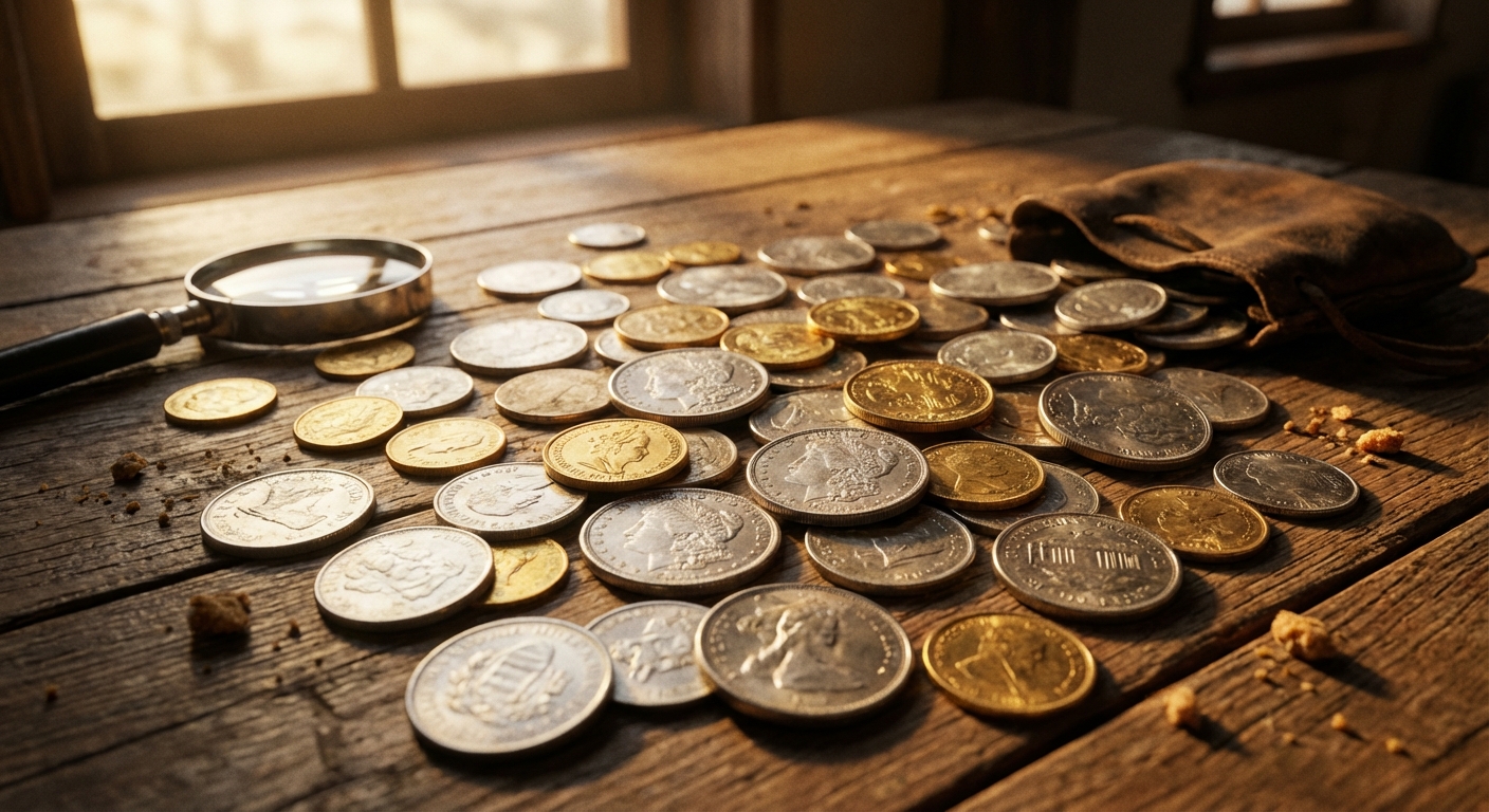 shiny coins on a table
