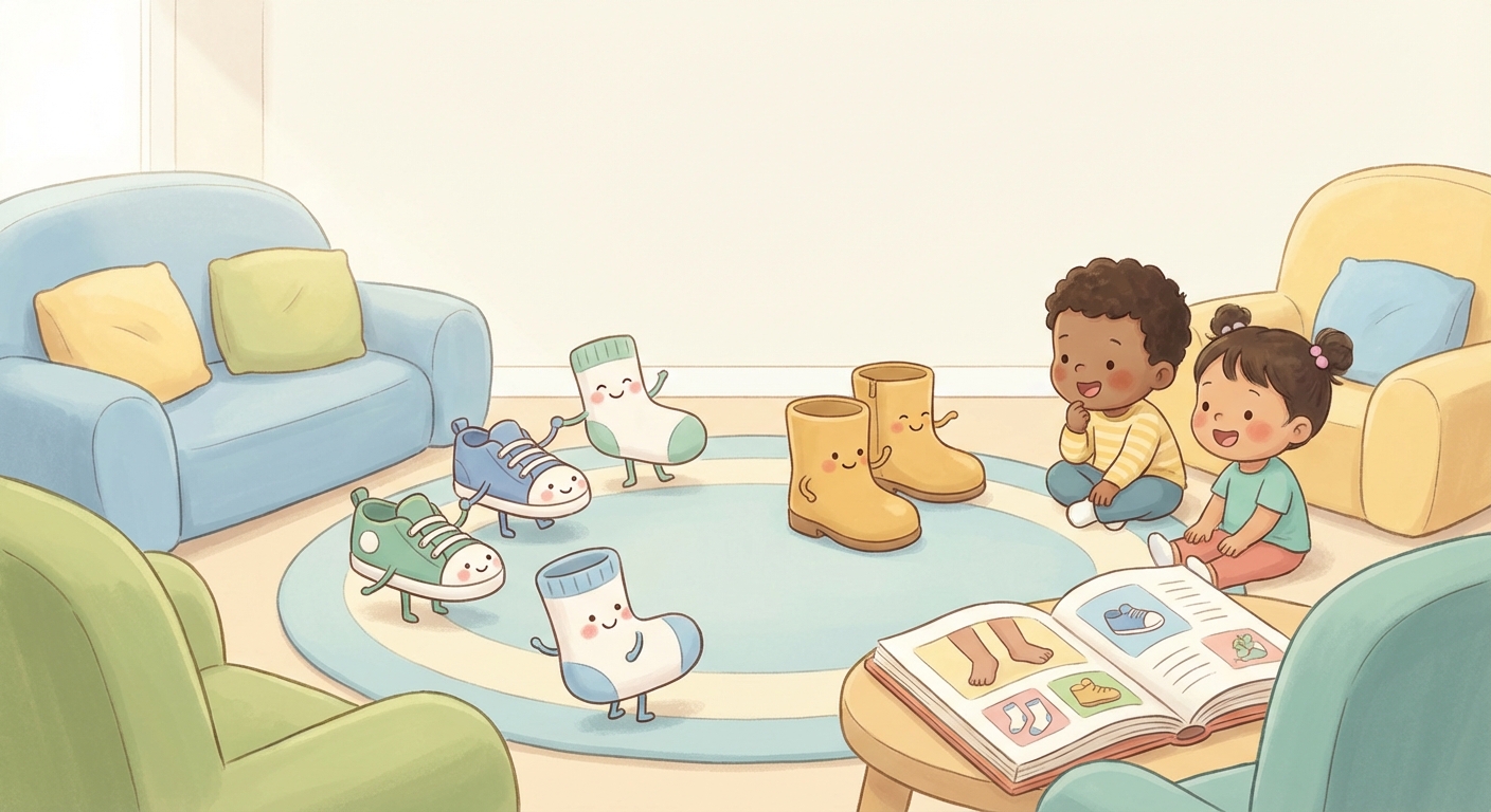 Shoes and Socks Happy Feet learning scene, Shoes and Socks Happy Feet learning scene filled with curiosity and joy, gentle pastel illustration designed for ages 3-4, rounded shapes, caring expressions, text-free illustration with clean unmarked background, balanced composition, soft cinematic lighting, harmonious color palette, inviting and joyful mood