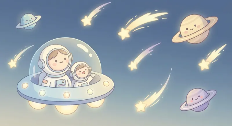 Shooting Stars in the Night Sky learning scene, Shooting Stars in the Night Sky space adventure, stars and planets inspiring wonder, gentle pastel illustration designed for ages 3-4, rounded shapes, caring expressions, text-free illustration with clean unmarked background, balanced composition, soft cinematic lighting, harmonious color palette, inviting and joyful mood