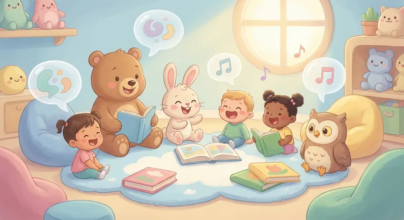 Silly Giggle Stories learning scene, Silly Giggle Stories learning scene filled with curiosity and joy, gentle pastel illustration designed for ages 3-4, rounded shapes, caring expressions, text-free illustration with clean unmarked background, balanced composition, soft cinematic lighting, harmonious color palette, inviting and joyful mood