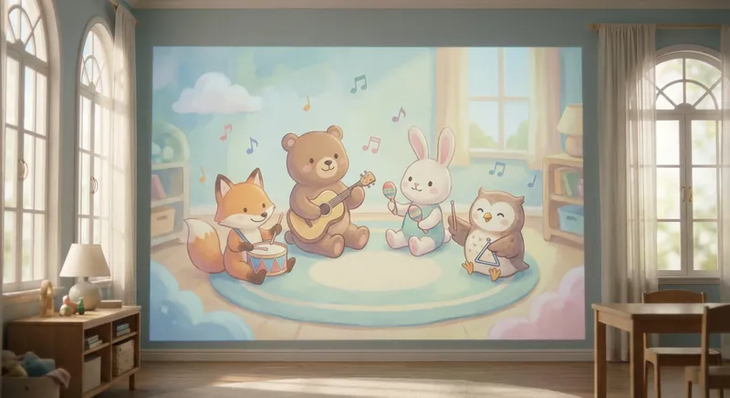 Silly Sounds learning scene, Silly Sounds music jam session, cheerful instruments and rhythm, gentle pastel illustration designed for ages 3-4, rounded shapes, caring expressions, text-free illustration with clean unmarked background, balanced composition, soft cinematic lighting, harmonious color palette, inviting and joyful mood