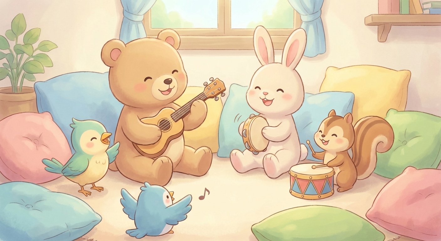 Sing Along learning scene, Sing Along music jam session, cheerful instruments and rhythm, gentle pastel illustration designed for ages 3-4, rounded shapes, caring expressions, text-free illustration with clean unmarked background, balanced composition, soft cinematic lighting, harmonious color palette, inviting and joyful mood