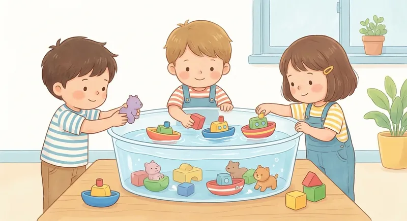 Sinking Toys Fun in the Water learning scene, Sinking Toys Fun in the Water experiment underway, curious kids collaborating, gentle pastel illustration designed for ages 3-4, rounded shapes, caring expressions, text-free illustration with clean unmarked background, balanced composition, soft cinematic lighting, harmonious color palette, inviting and joyful mood